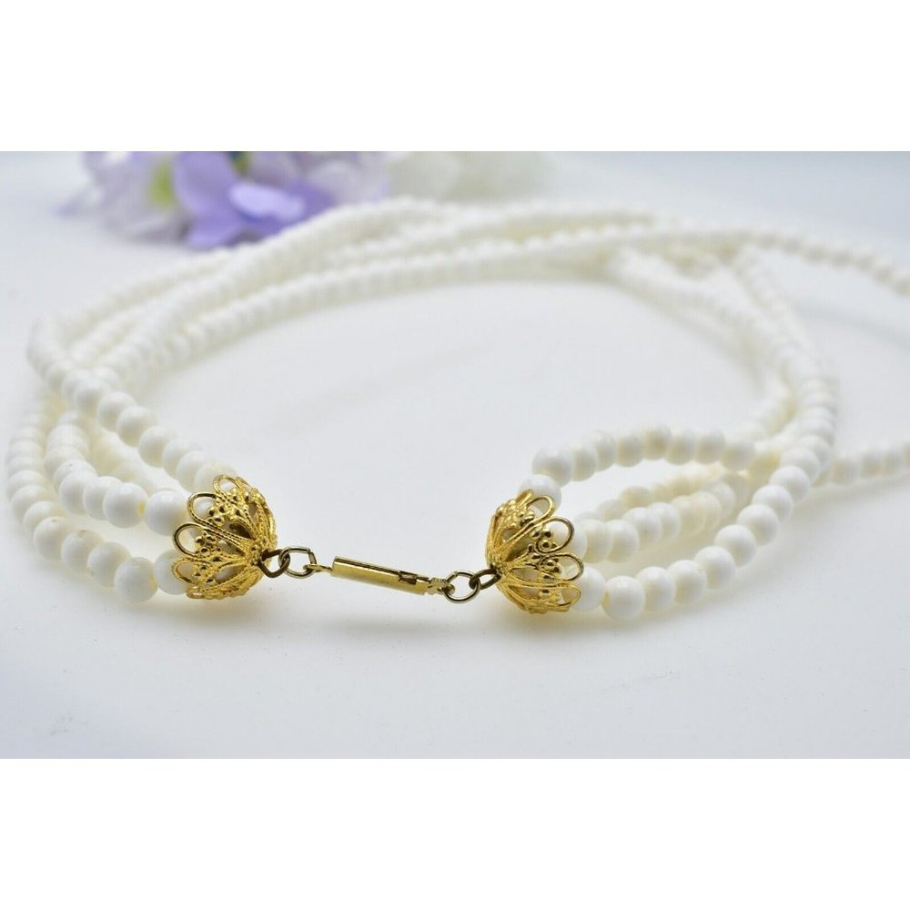 Vintage White Multi Strand Necklace Ornate Clasp Twisted Beads USA Seller